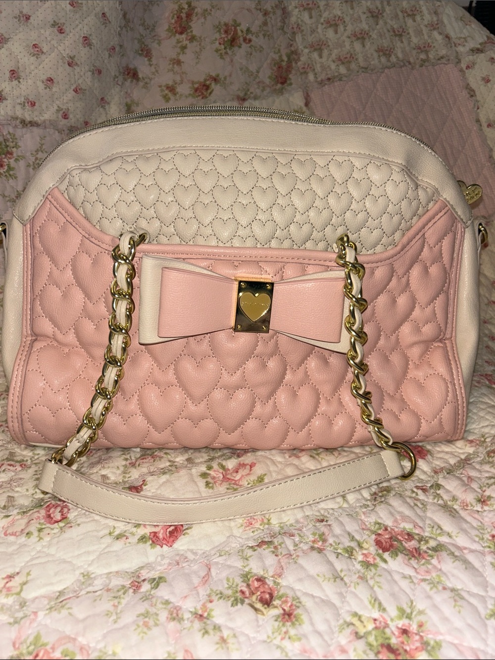 Pink and Cream Heart Quilted Betsey Johnson handbag